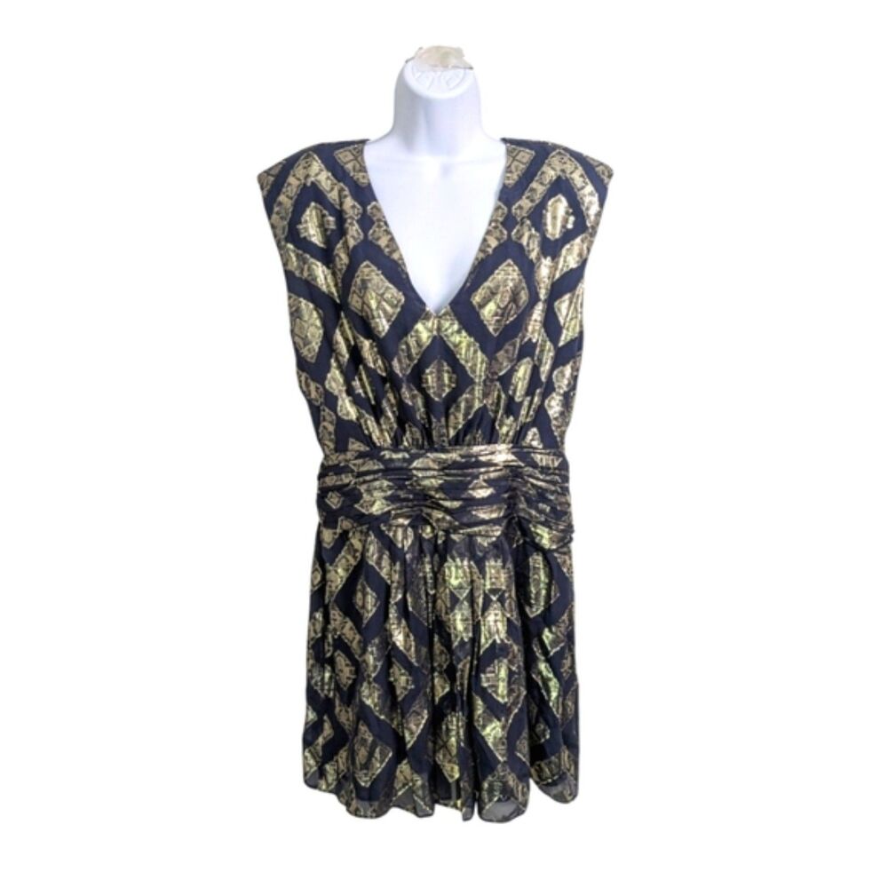 NWT Ramy Brook Reina Mini Dress Size 10 Navy Jacquard Golden Metallic Cocktail